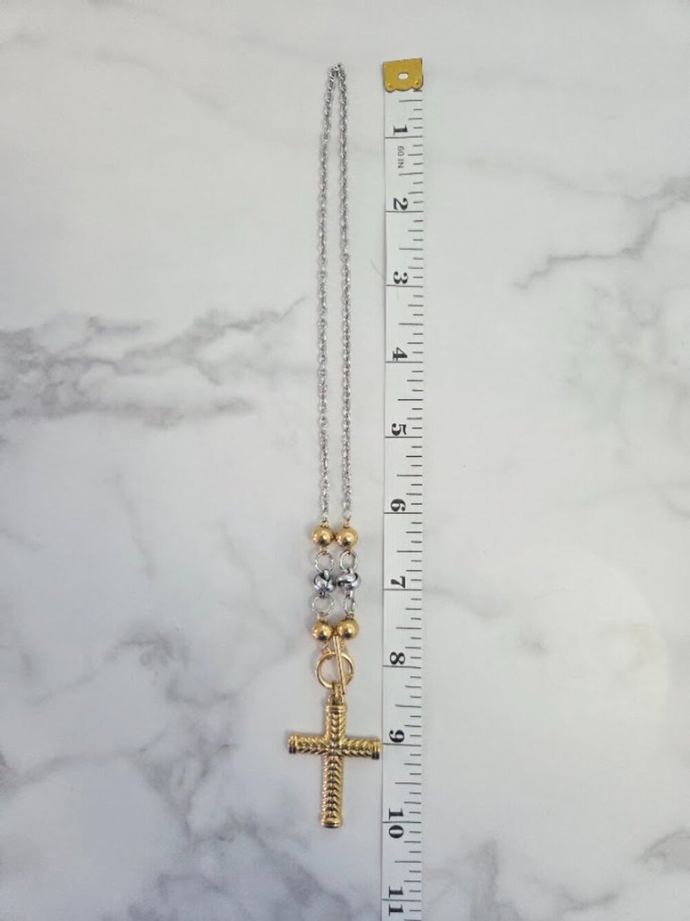 Two Tone Gold Silver Chevron Cross Toggle Chain Necklace - Picture 9 of 15